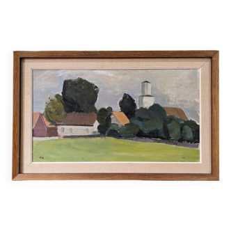 Mid-Century Modern Swedish "Houses in Nature" Vintage Landscape Oil Painting, Framed