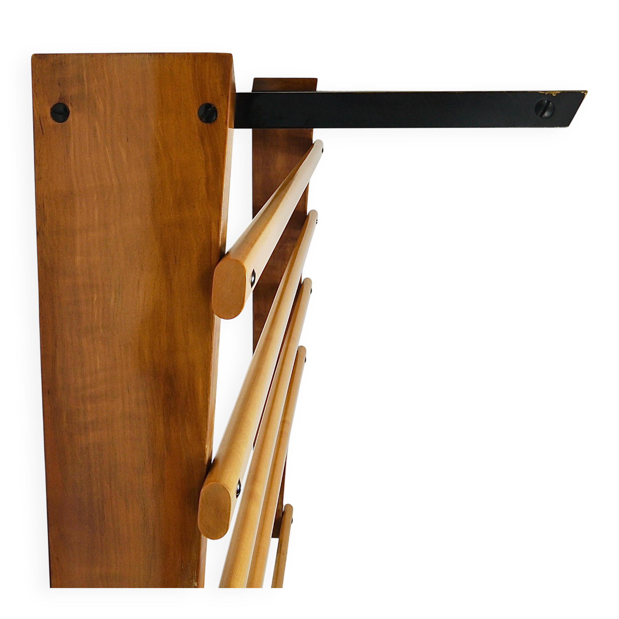 Rare coat rack by Carl Auböck with hat rack, cabinet, brass, walnut and beech, 1950s.