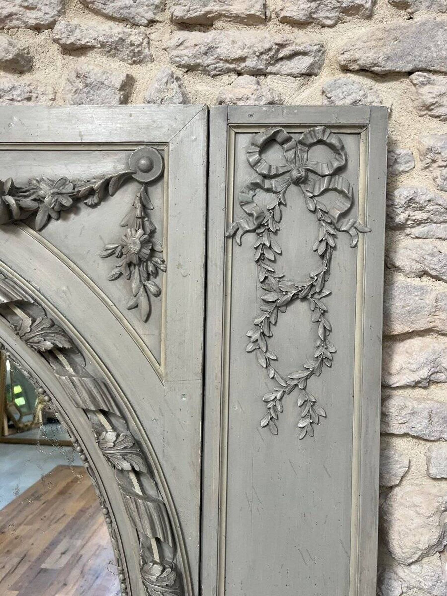 Important Antique Boiserie 176.5cm/158cm 19th Century Fireplace Mirror with Pitted Glass
