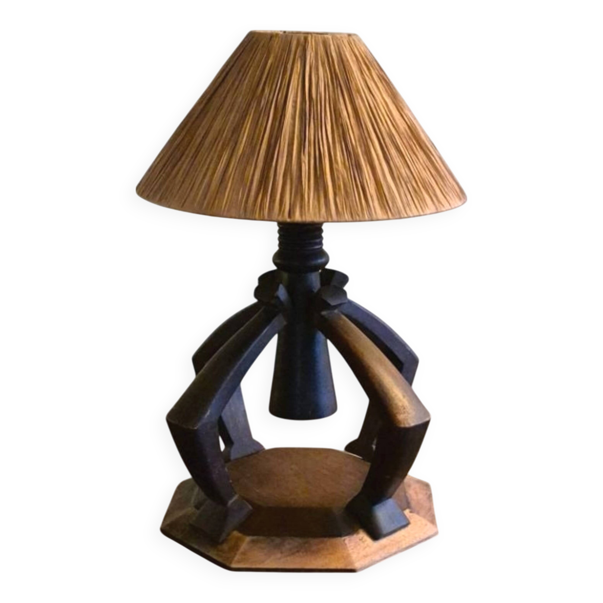 Hand crafted Wabi Wabi table lamp with raffia shade, Netherlands 1930s