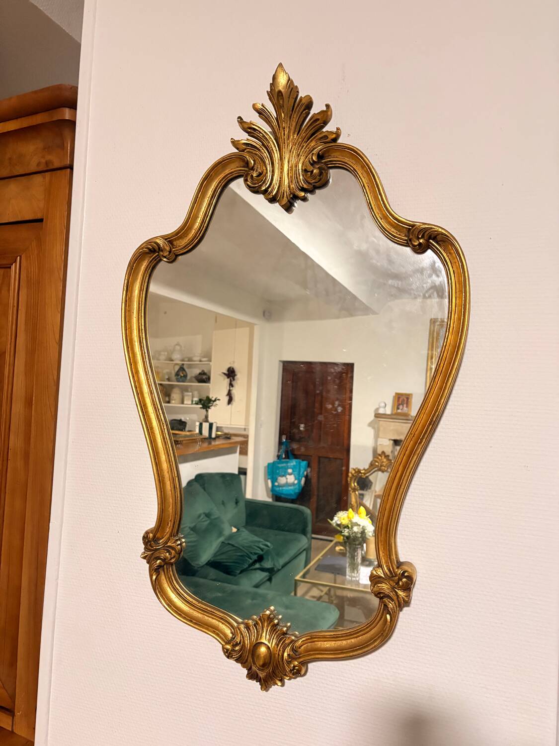 Antique Oval Wall Mirror Gold Leaf Wood Louis XV Style Pediment