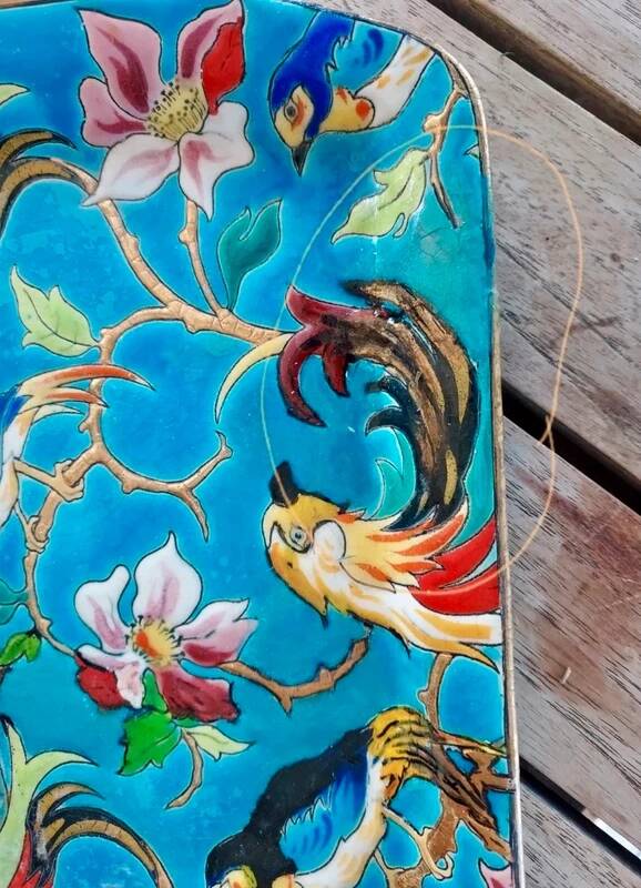 Plat à gâteaux émaux de Longwy – décor aux oiseaux – 40 x 19 cm