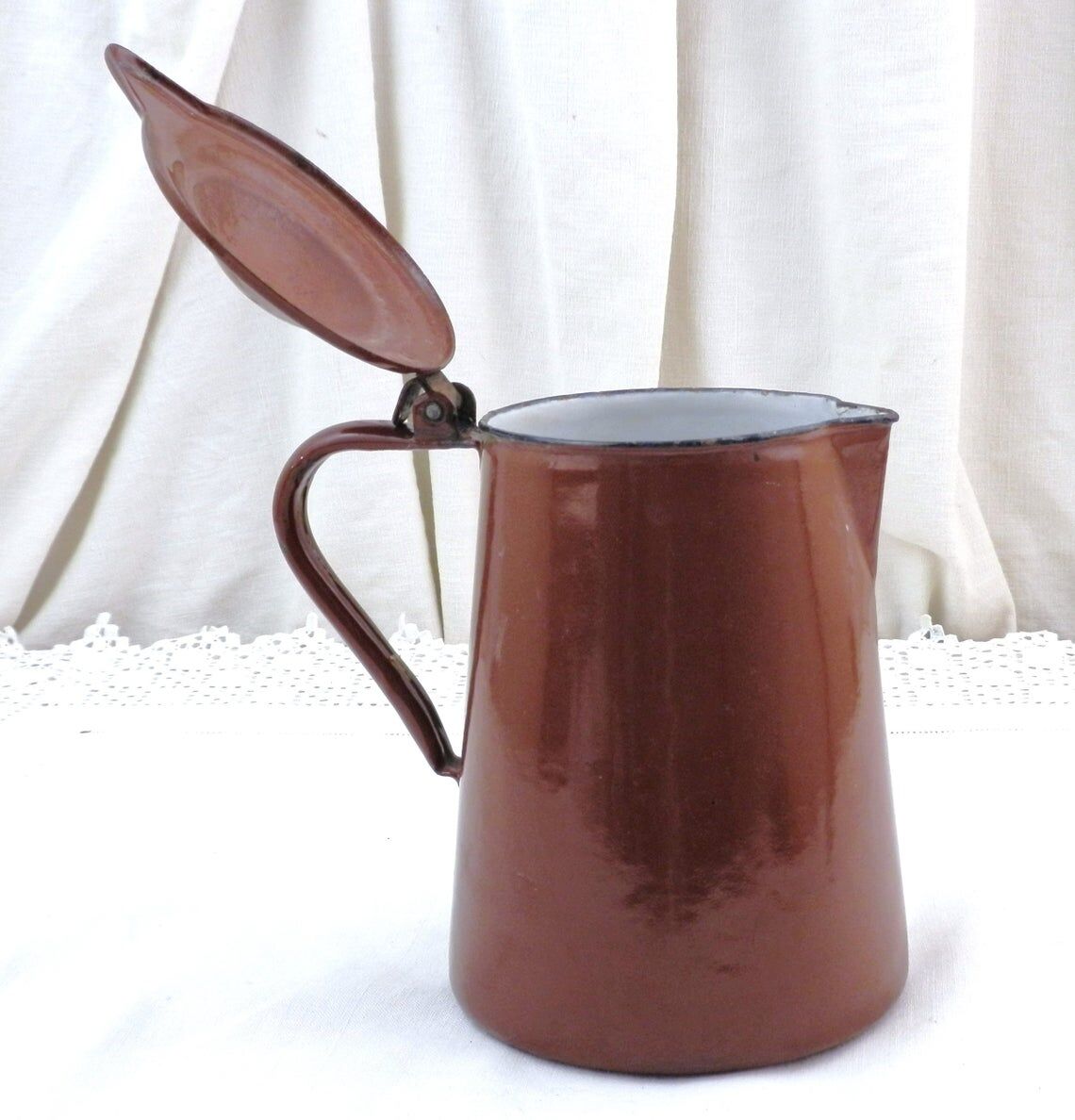 French vintage chocolate brown enamel lidded pitcher