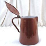 French vintage chocolate brown enamel lidded pitcher