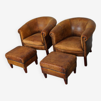 Fauteuil club vintage en cuir couleur cognac, pays-bas, set de 2 avec repose-pieds