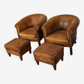 Vintage dutch cognac colored leather club chair, set of 2 with footstools