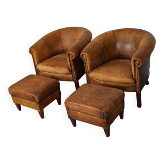 Vintage dutch cognac colored leather club chair, set of 2 with footstools