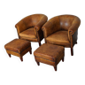 Vintage dutch cognac colored leather club chair, set of 2 with footstools