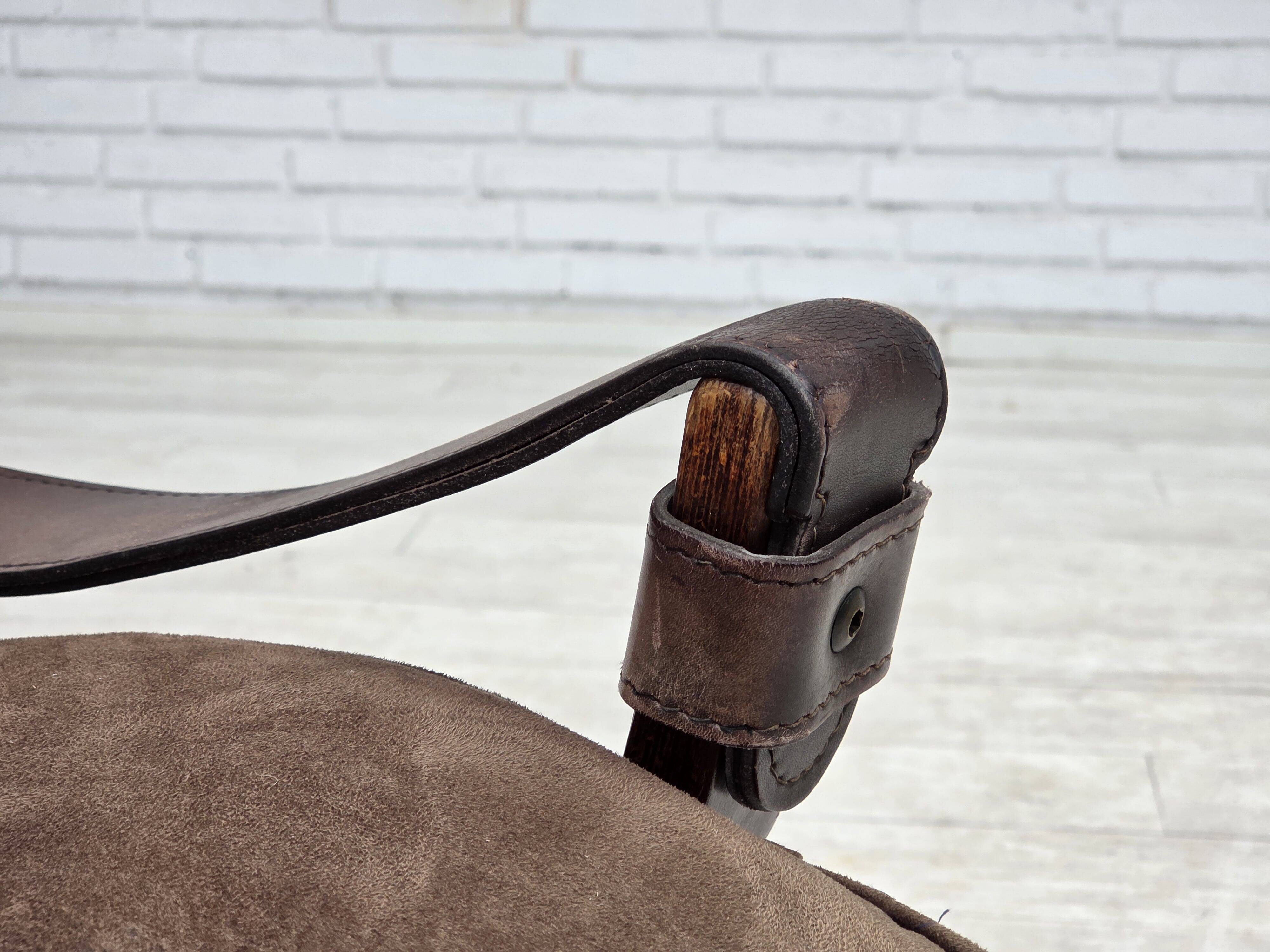 1970s, Scandinavian lounge chair, nubuck leather, canvas, beech wood.