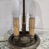 Three-armed brass hot water bottle lamp with empire green shade