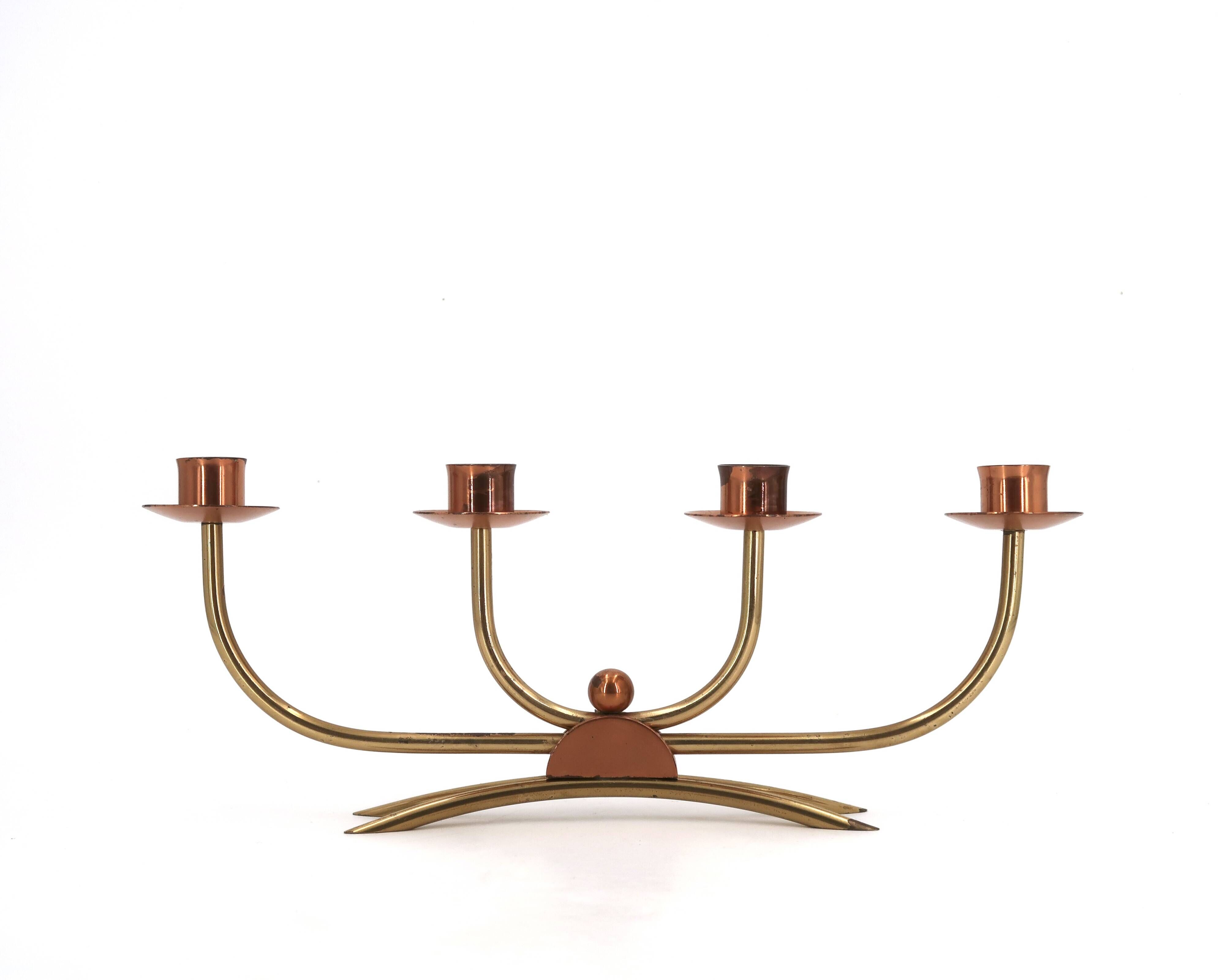 Scandinavian four-branch candlestick in copper and brass, 1950s