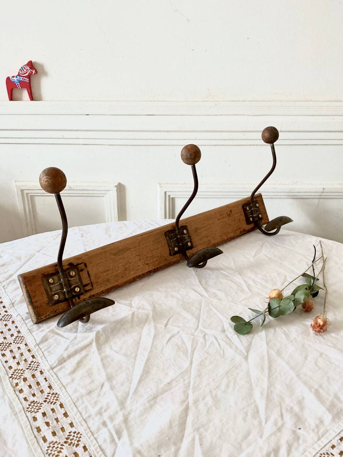 Vintage wood and metal coat hook 3 hooks
