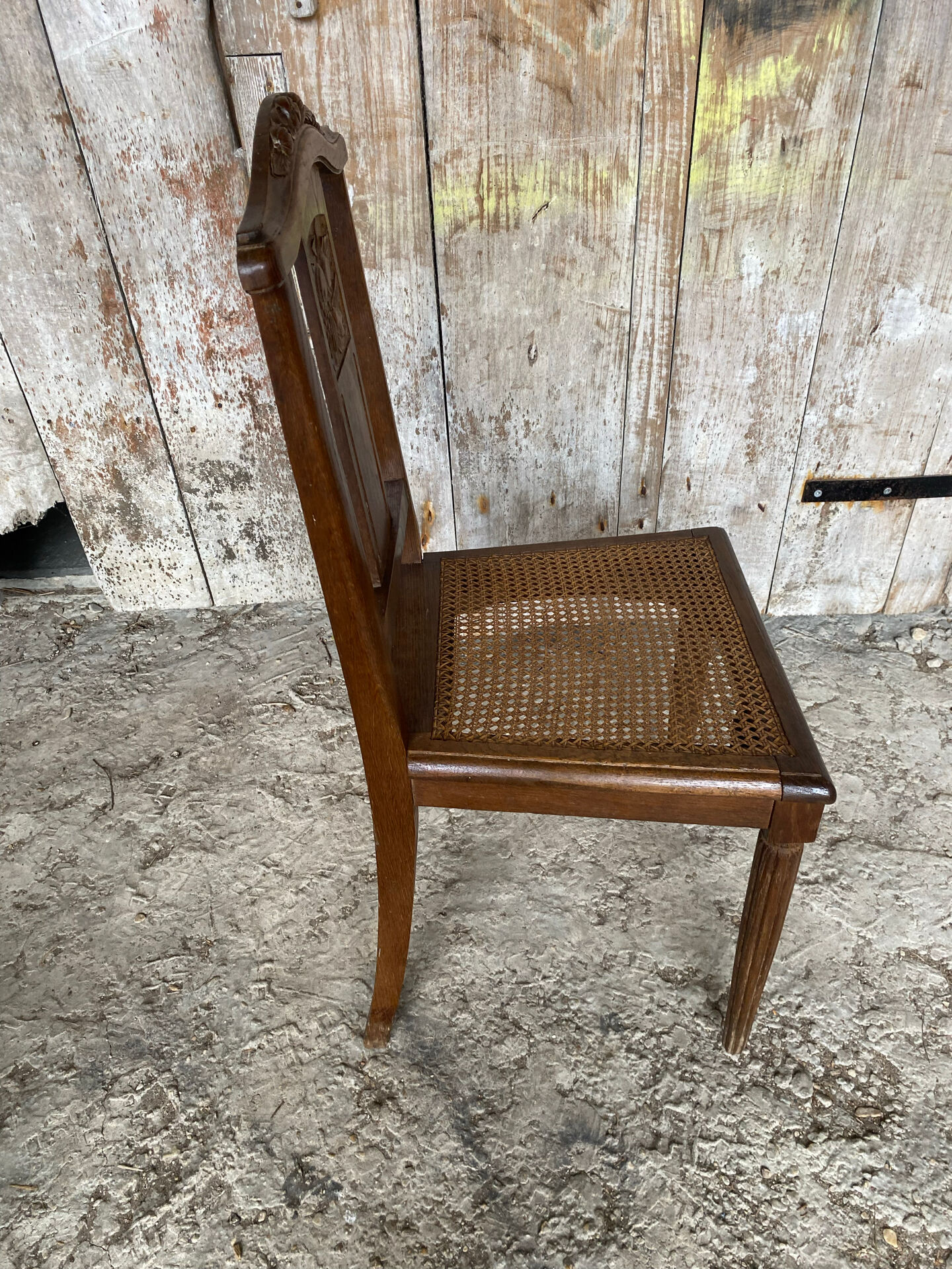 Chaise ancienne art déco bois sculpté & assise cannée vintage #e095