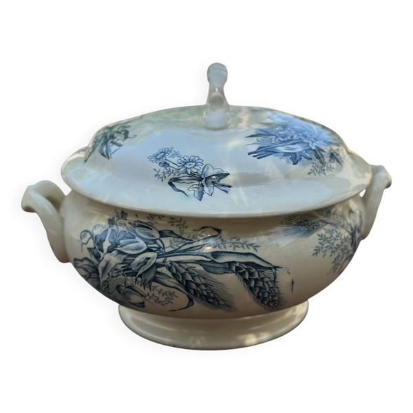 Ancienne soupière en faïence Keller Lunéville estampillée K, décor bleu