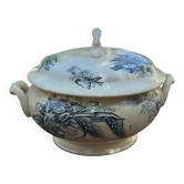 Ancienne soupière en faïence Keller Lunéville estampillée K, décor bleu
