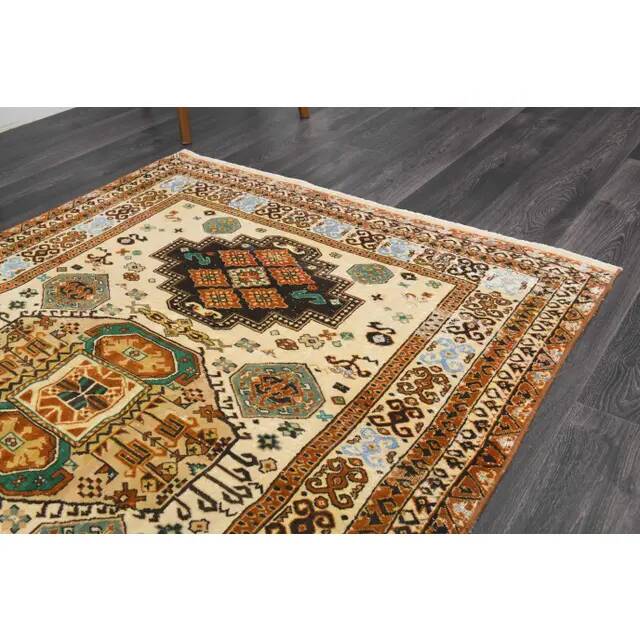 1970s Vintage Turkish Hand-Knotted Wool Cotton Yellow Area Rug 131x177