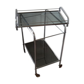 Vintage service with wheels in chrome tubes and 2 trays in gray smoked glass