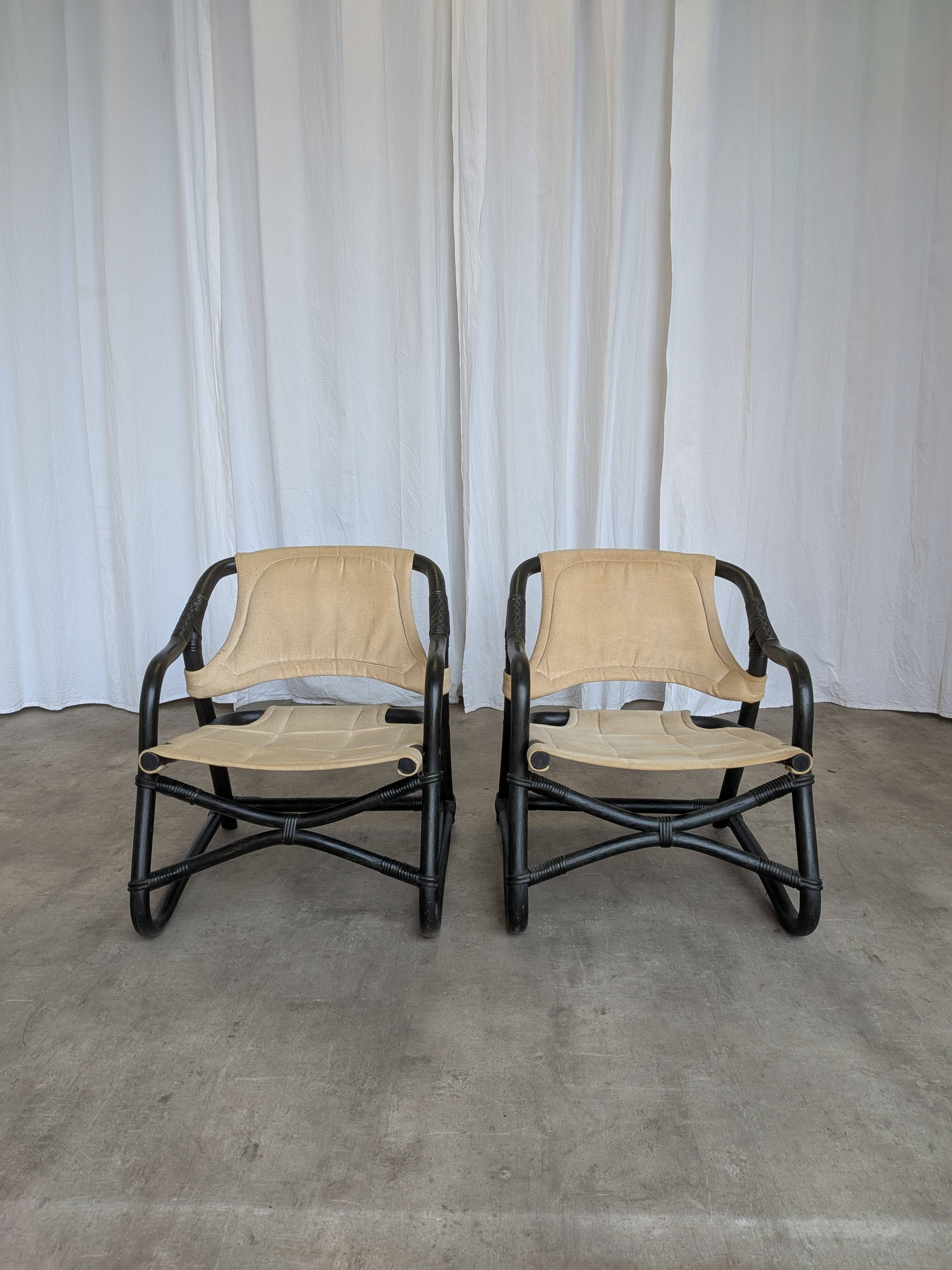 2 Vintage Espri Safari Lounge Armchairs / Rare Mid-century Black Bamboo and Beige Fabric Easy C