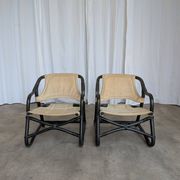 2 Vintage Espri Safari Lounge Armchairs / Rare Mid-century Black Bamboo and Beige Fabric Easy C
