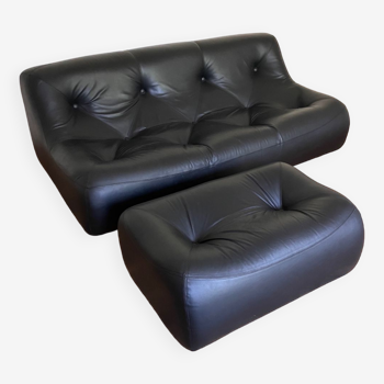 Ligne Roset Kali 3-seater sofa black leather and ottoman Michel Ducaroy