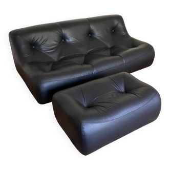 Ligne Roset canapé Kali 3 places cuir noir et ottoman Michel Ducaroy