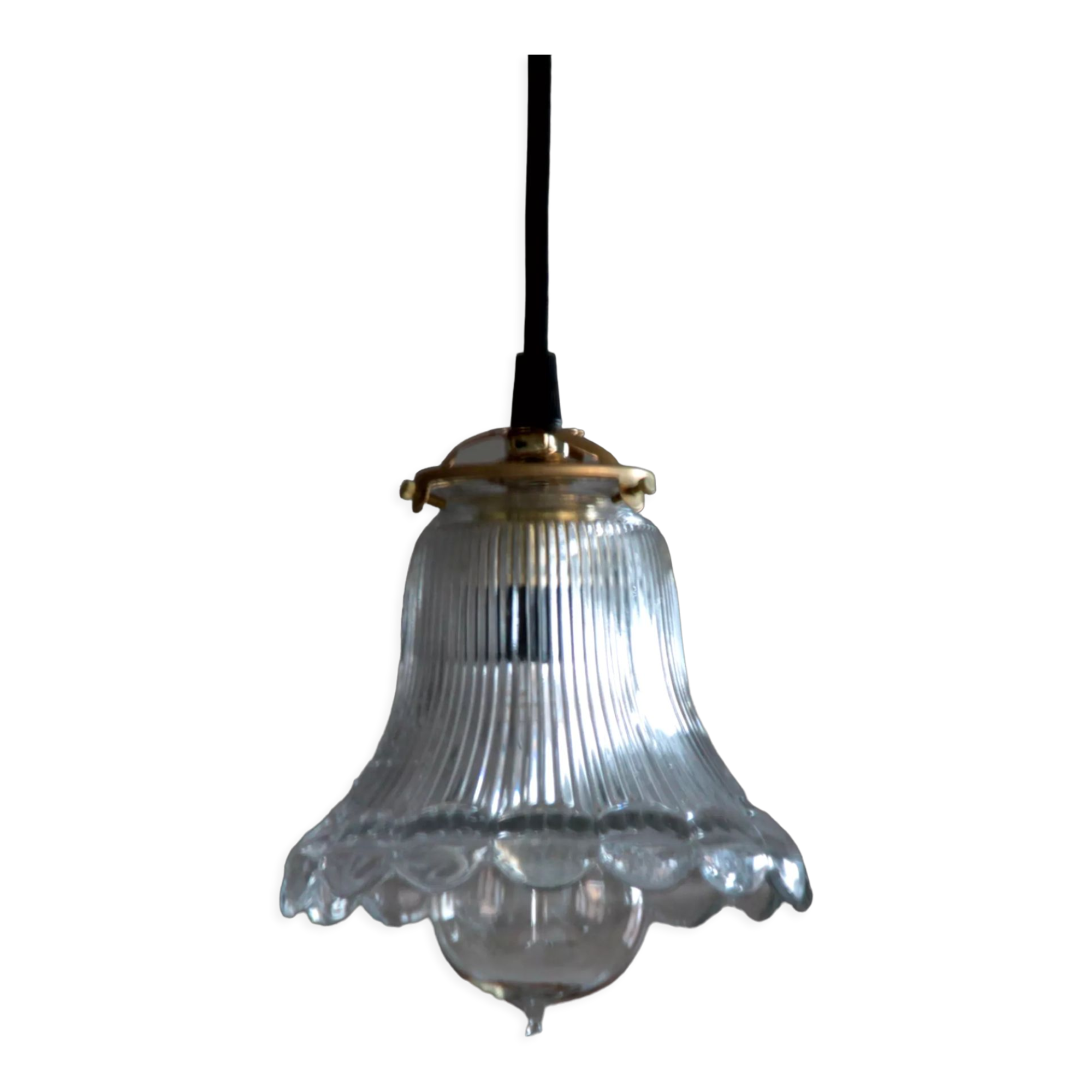 Suspension lampshade in old glass Cristallerie de Vallérysthal type Holophane workshop garage