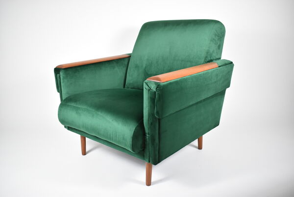 Fauteuil vintage en velours années 1960 restauré bouteille verte