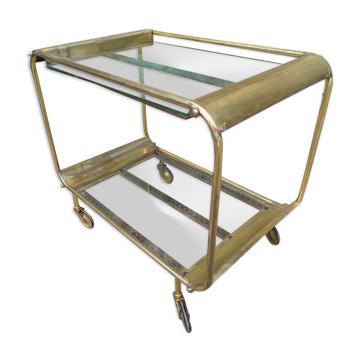 Old rolling coffee table serving vintage brass bar 50s mid-century design