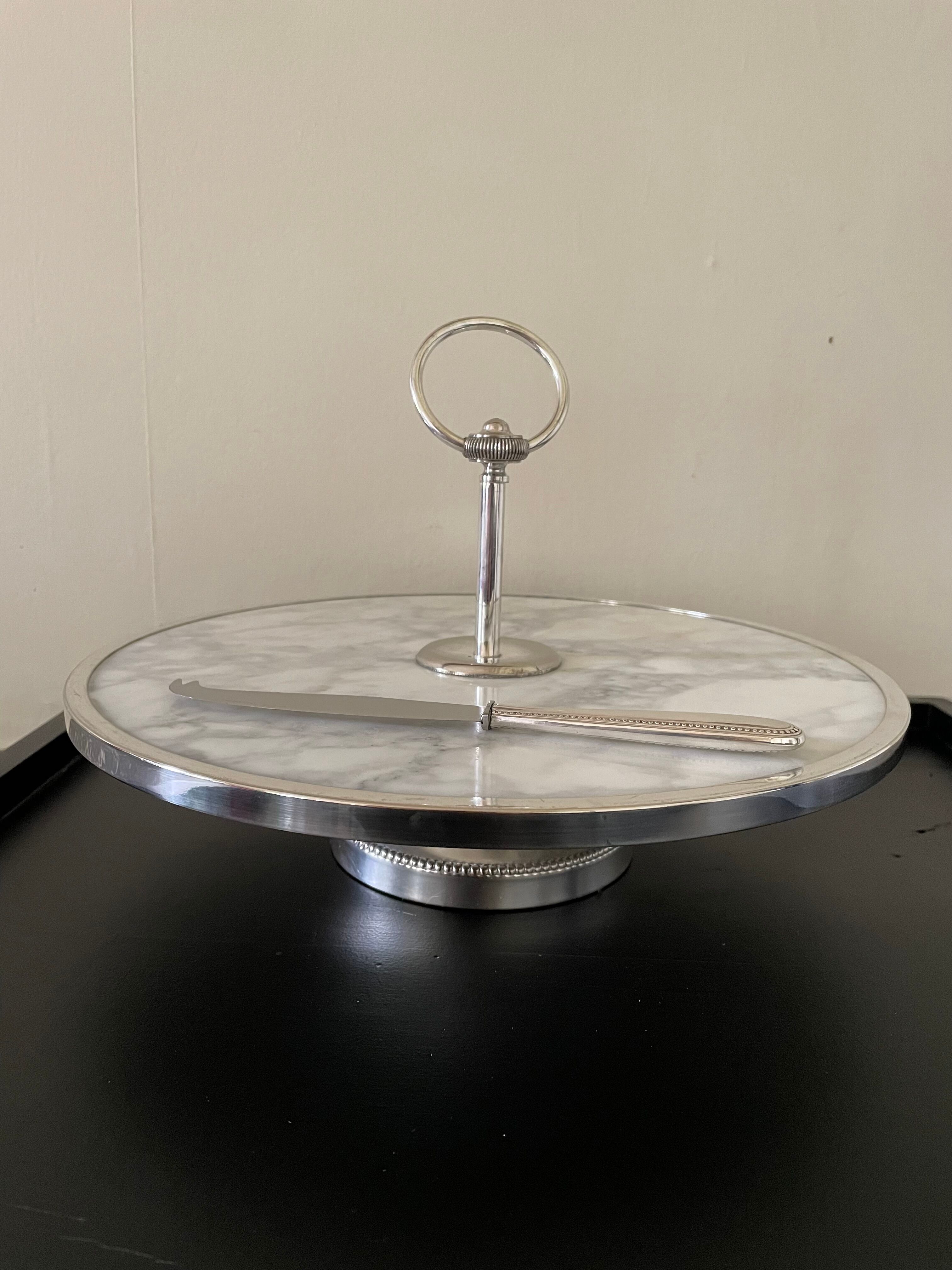 Marble cheese platter and silver metal 1970
