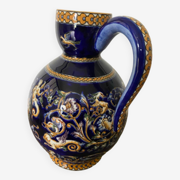 Gien ceramic pitcher with blue renaissance decor