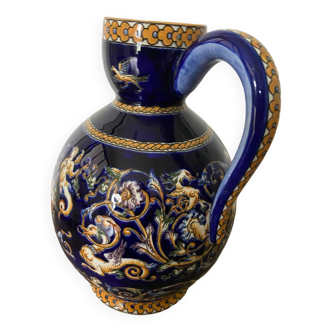 Gien ceramic pitcher with blue renaissance decor