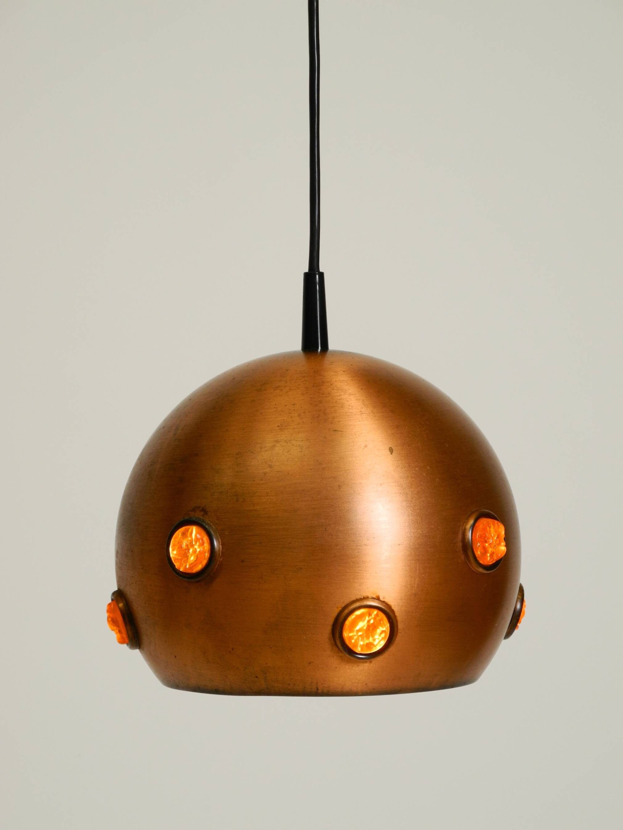 Original 1960s solid copper pendant lamp with orange synthetic glass stones
