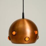 Original 1960s solid copper pendant lamp with orange synthetic glass stones