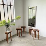 Set of 5 olive tree tripod stools from the 50s