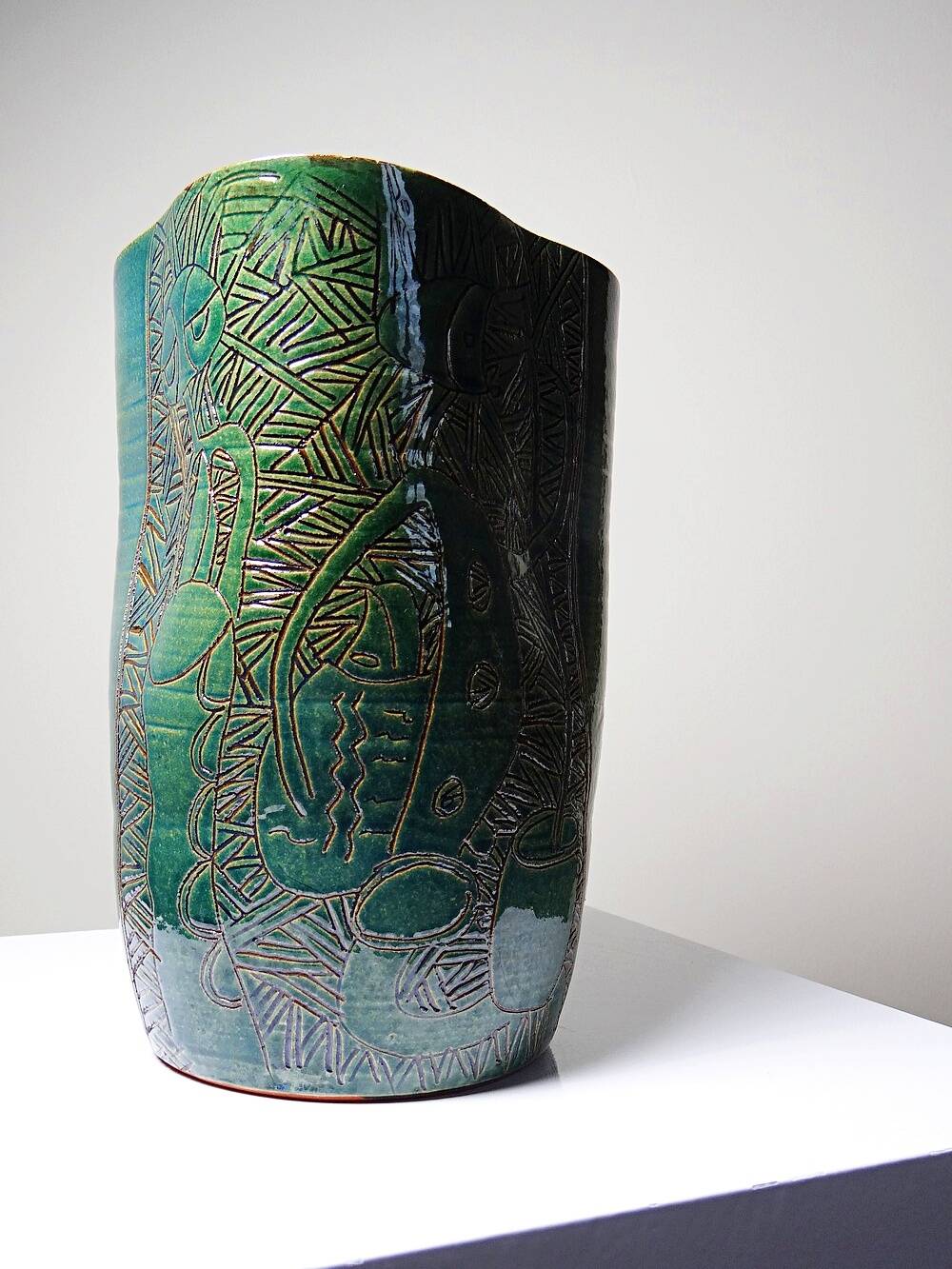Vintage blue-green artisan pottery vase with incised tribal decoration Eseka Pottery.