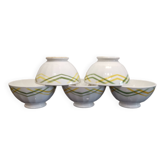 Set of 5 old ceramic bowls with yellow and green facets