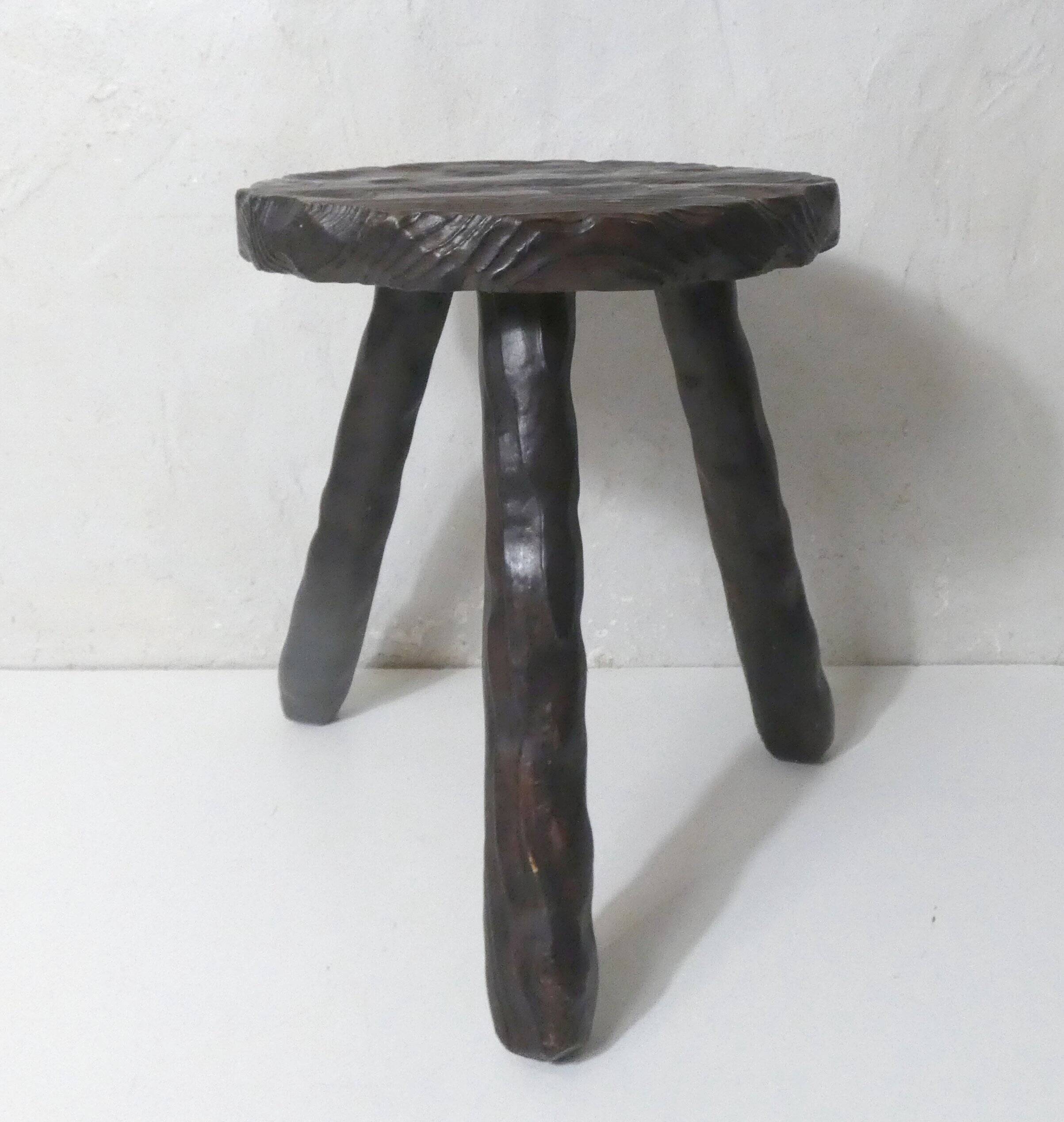 vintage brutalist solid oak tripod stool
