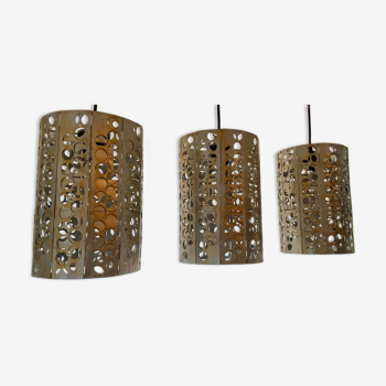 Set of 3 vintage pendant lamps in perforated metal, France 1980
