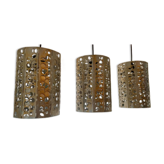 Set of 3 vintage pendant lamps in perforated metal, France 1980