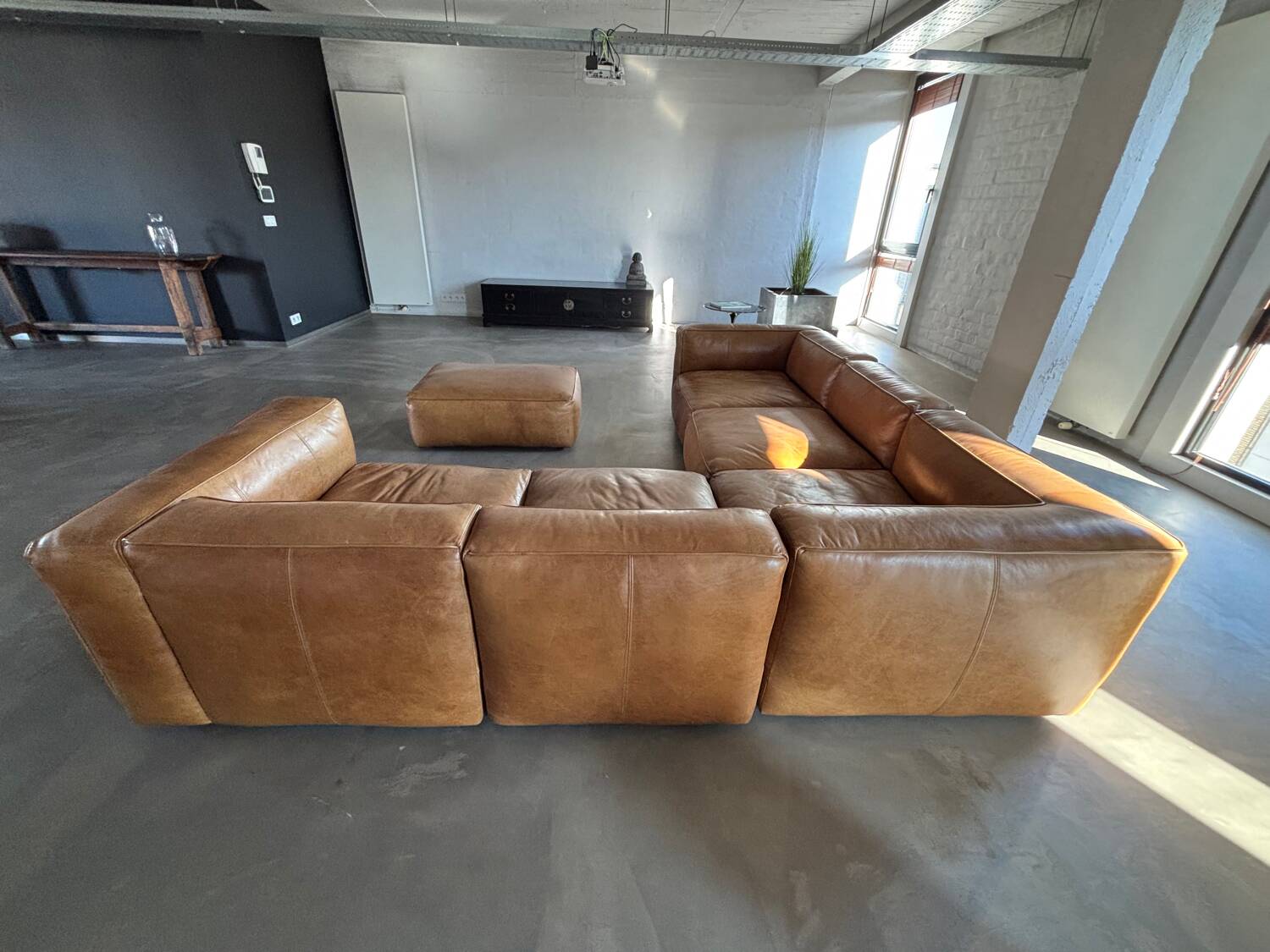 Modular corner sofa + pouf/ottoman in cognac Buffalo leather