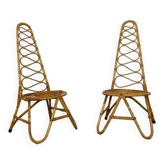 Vintage High Back Chairs in Rattan and Bamboo by Rohé Noordwolde, 1950s, Set of 2