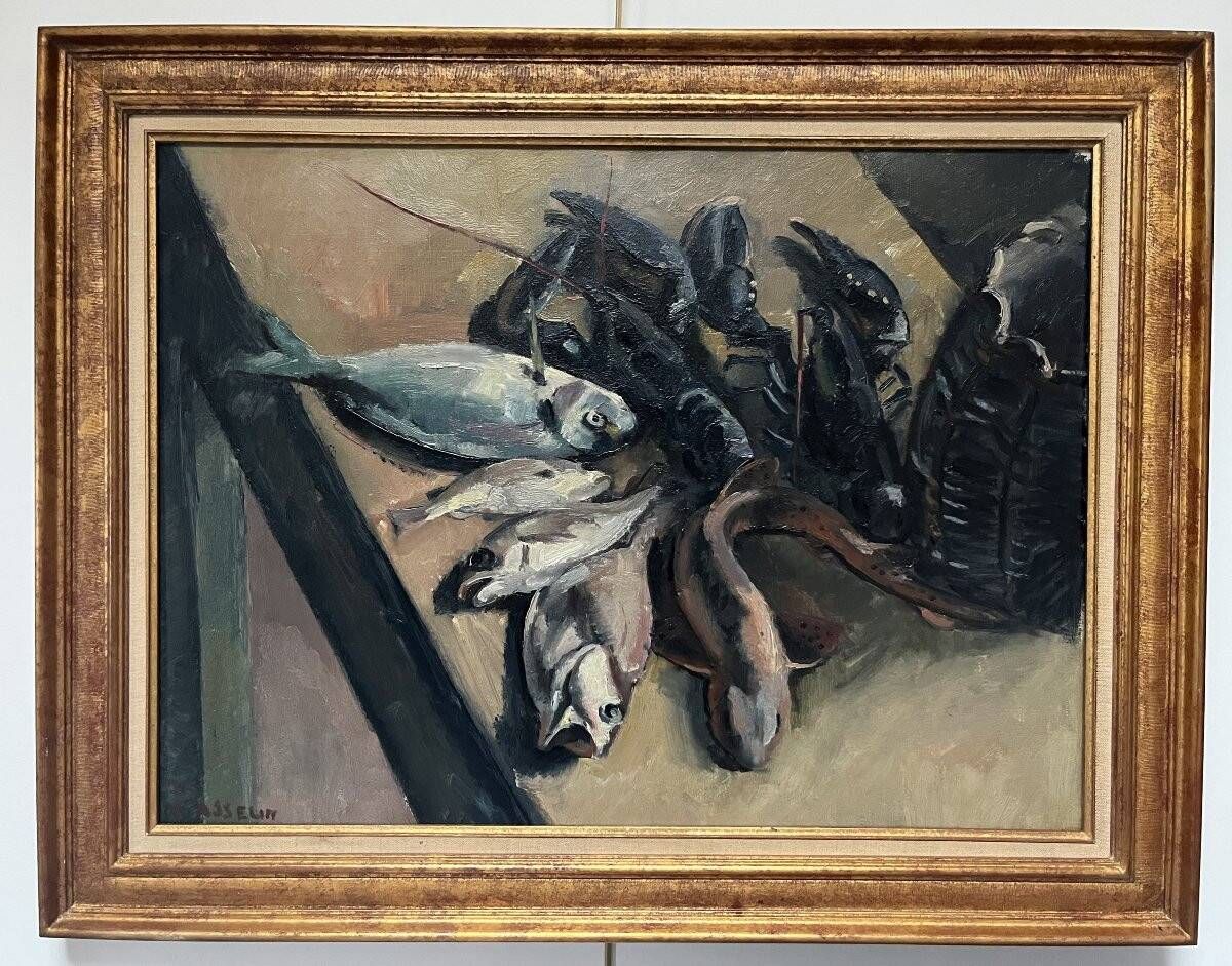 Still life with lobsters and fish, oil on canvas signed