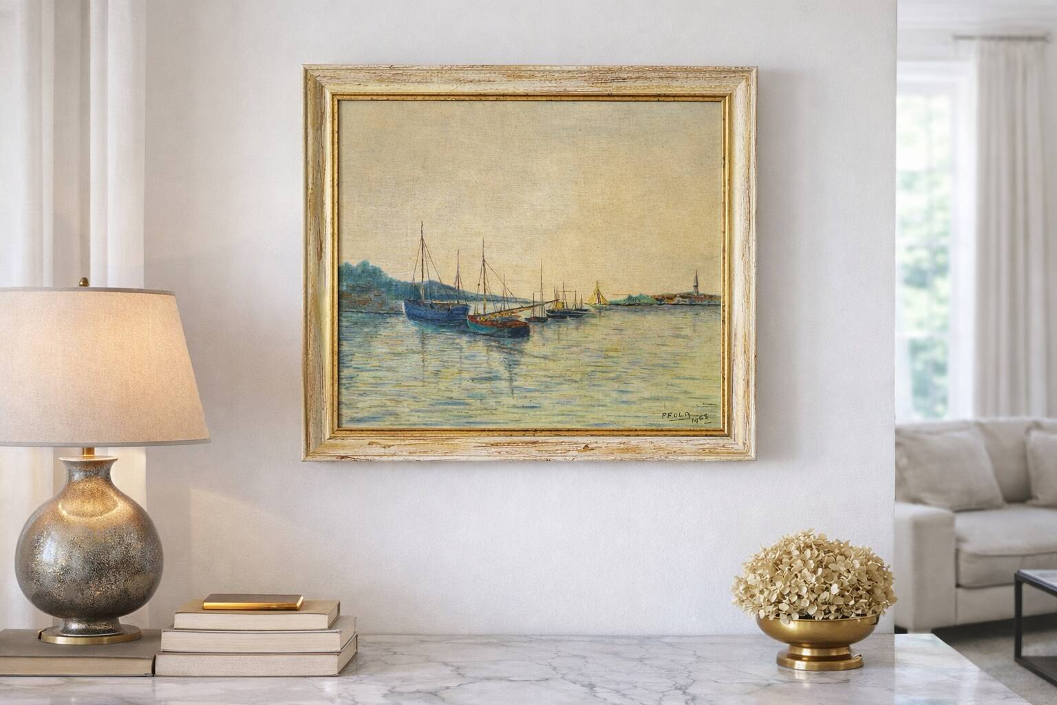 Pair of marine paintings signed Frola, boats, oil on canvas, 20th century.