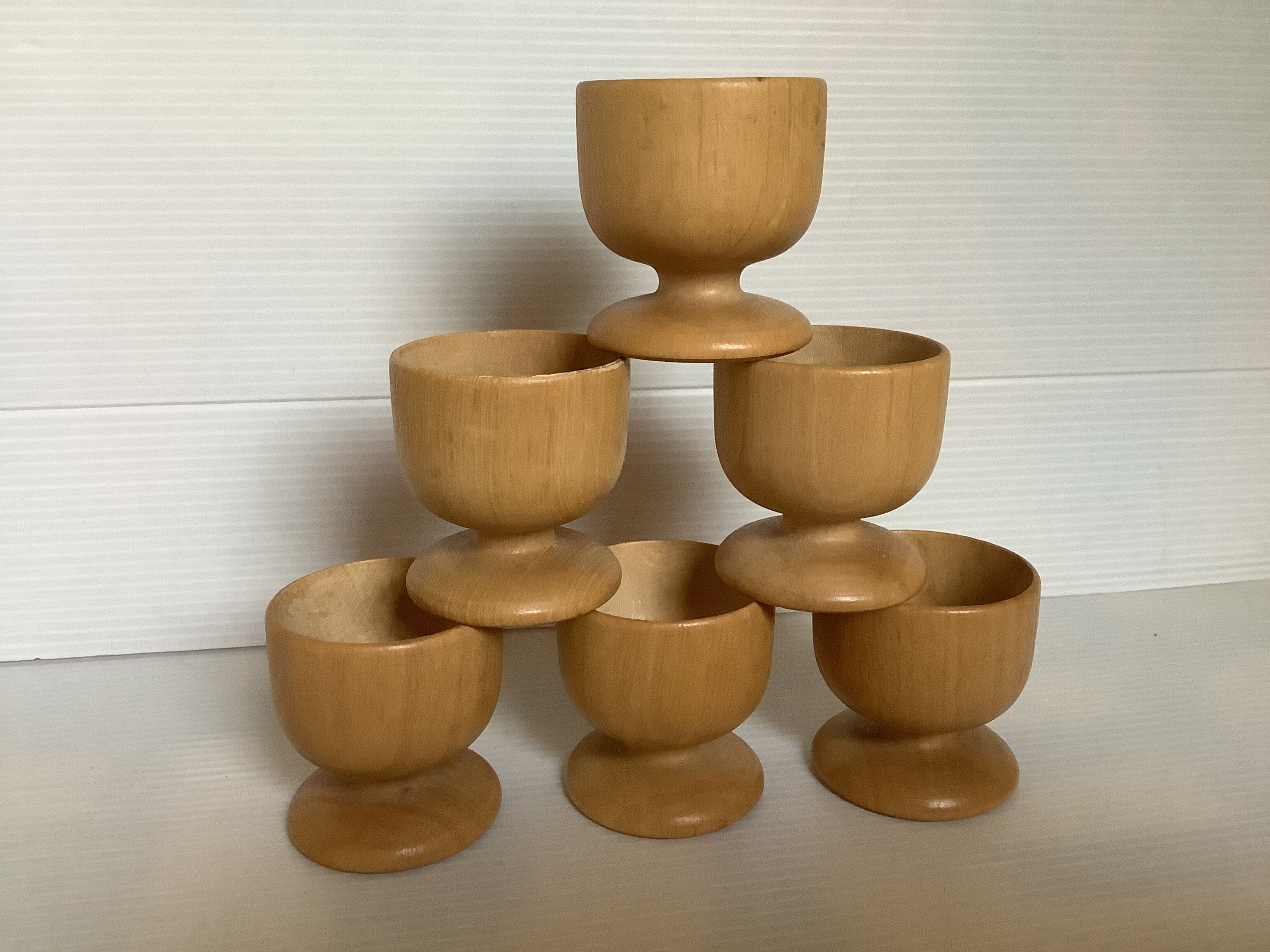 6 wooden egg cups hourglass wall mount Scandinavian wood
