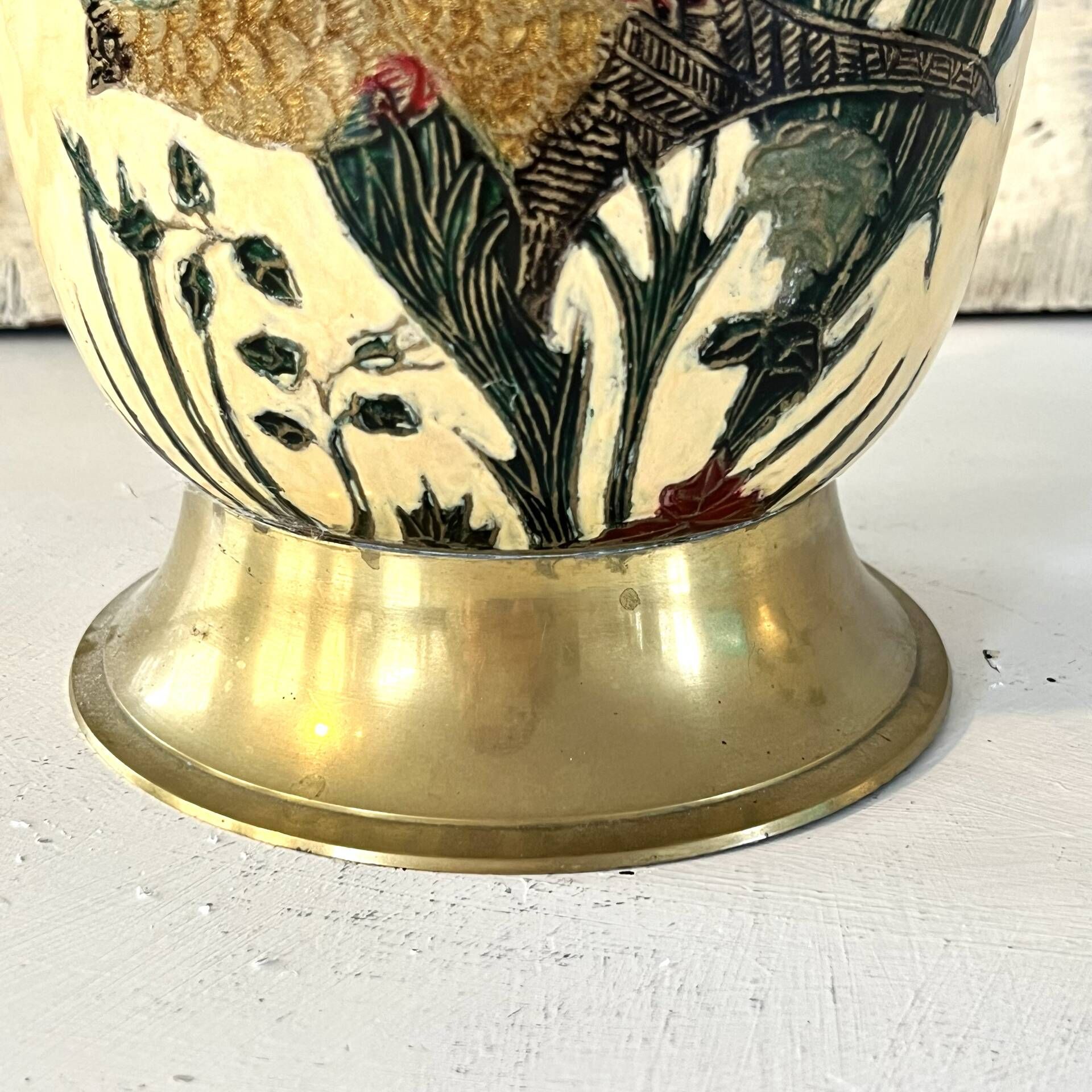 Cloisonne Ice Bucket, Vintage French Peach Enamel Pheasant Floral Desi