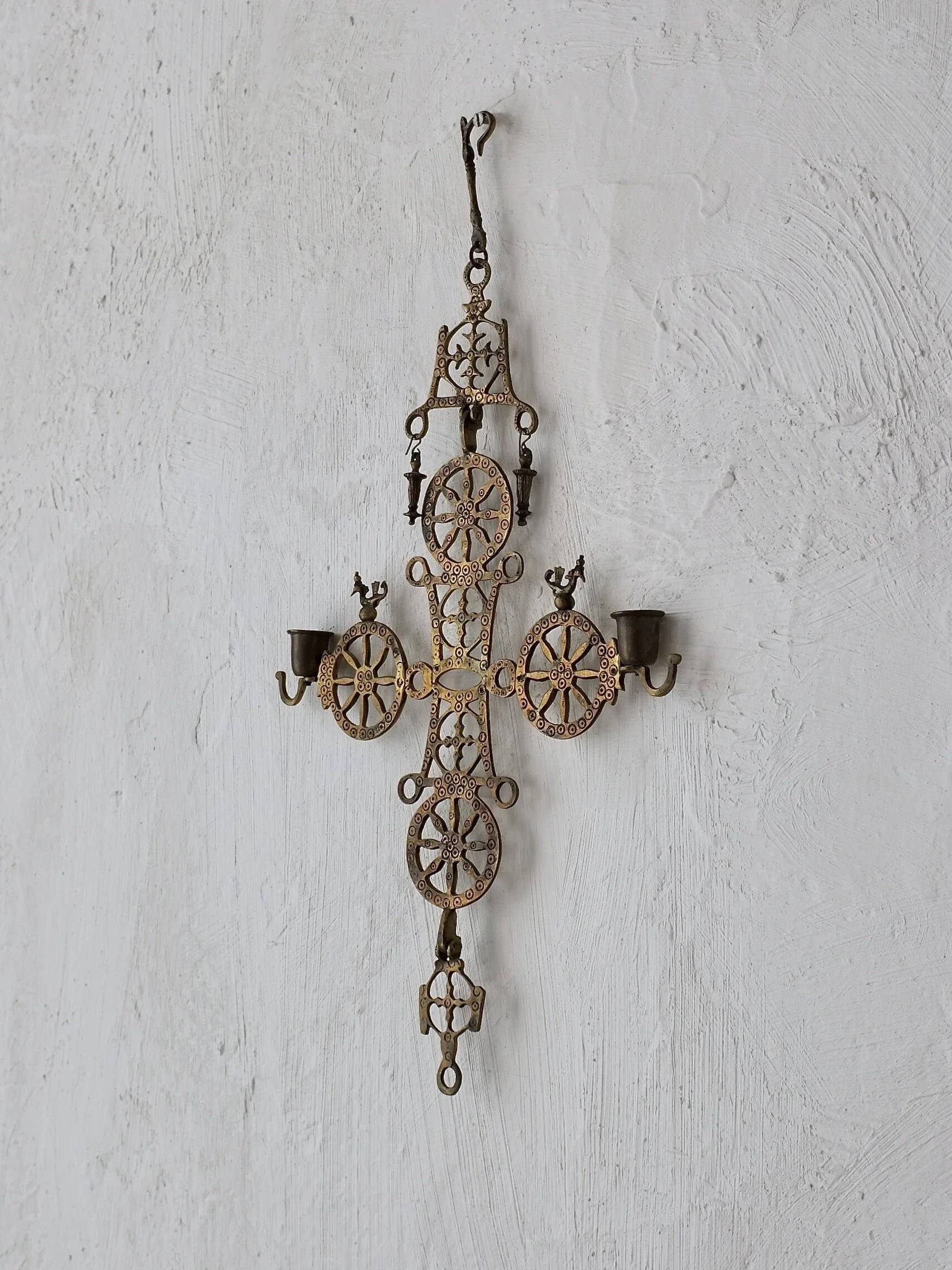 Arts & Crafts brass cross hanging candle holder | 1920s