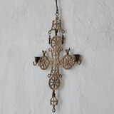 Arts & Crafts brass cross hanging candle holder | 1920s