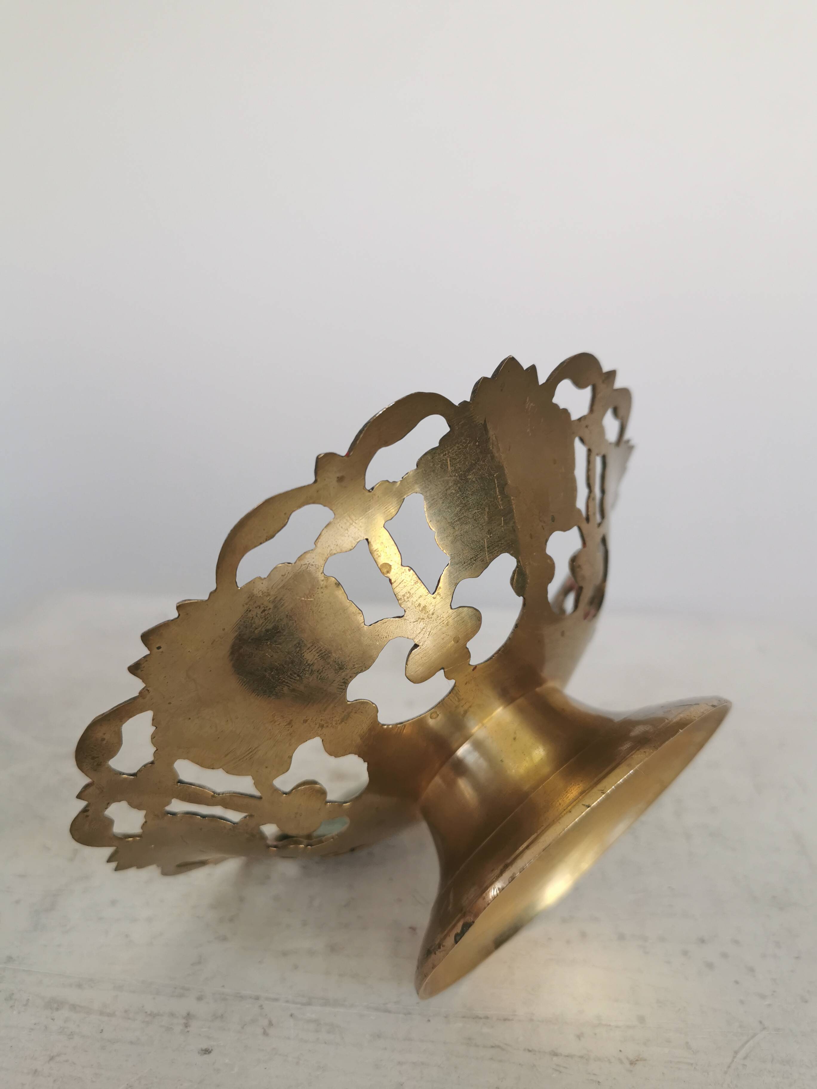 Vintage Brass Pedestal Bowl: Floral Motif, Red Blue Green Painted