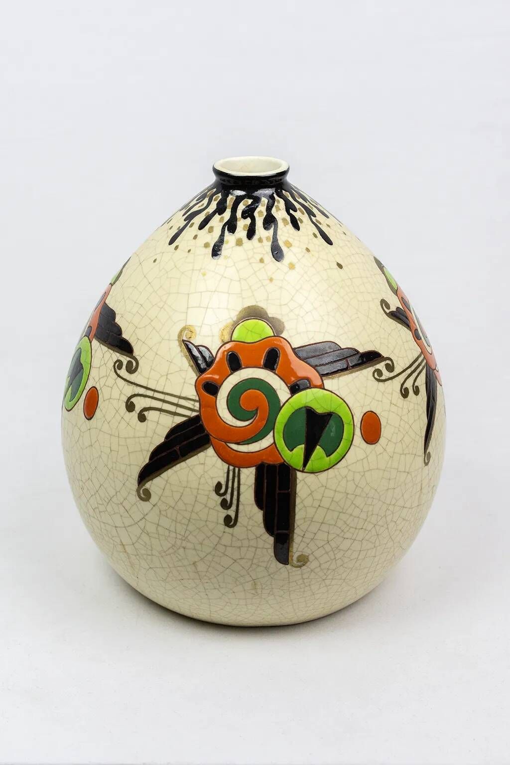 Art Deco vase Orchies, enamels on crackled background, stylised flowers