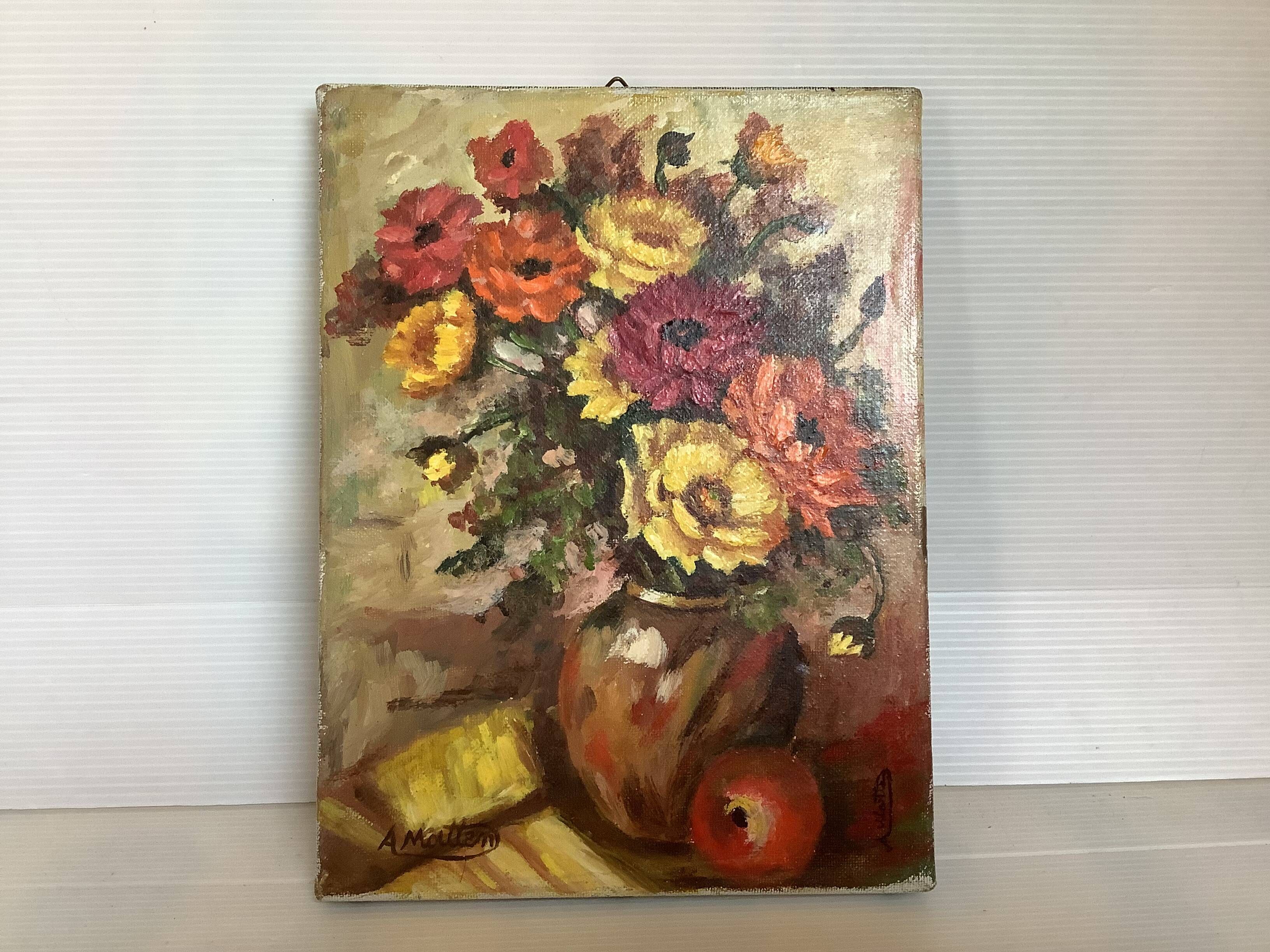 Bouquet of flowers oil on canvas painting signed Matten